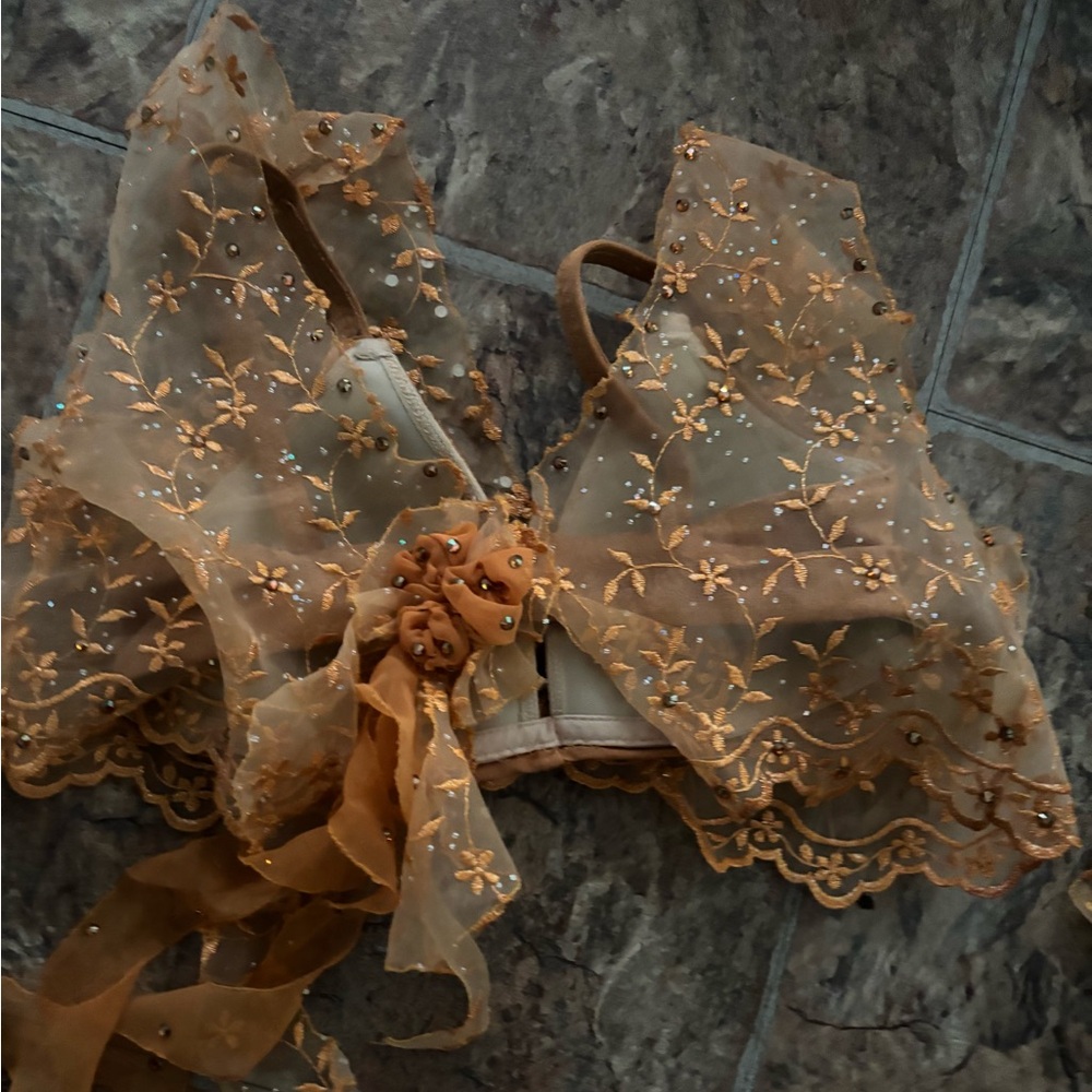 Gold Lace Embroidered Bra with Scalloped Edges